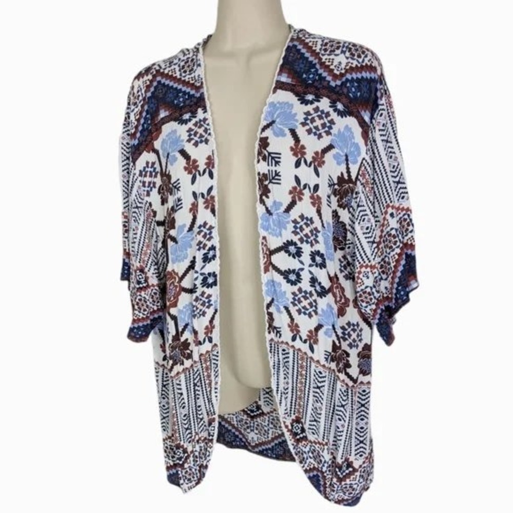 Blue Rain Kimono Floral Print Open Front Cover Up Bohemian Festival Top